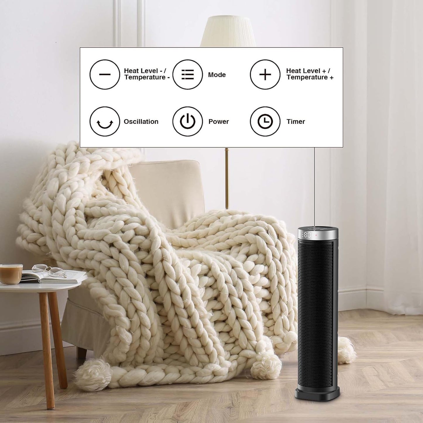 Wonderindoor Space Heater for Indoor Use with Remote - 70° Oscillating Tower Electric Heater, 24 Inchs, 12H Timer, 1500W Quiet PTC Ceramic Heating with Thermostat, Fast Safety Heat for Office, Home, Bedroom