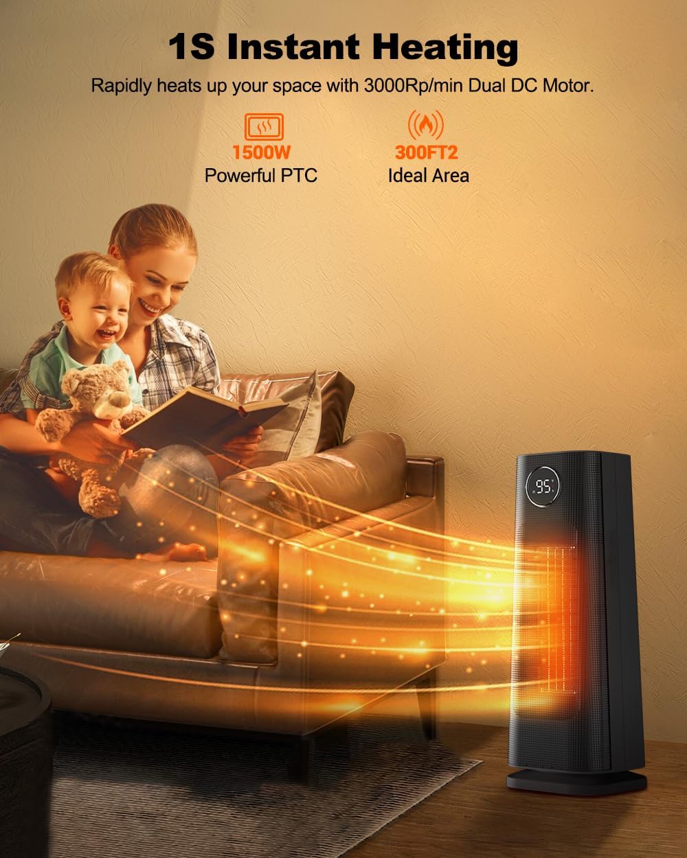 Wonderindoor Space Heater for Indoor Use, 1500W Fast Electric Portable Ceramic Heaters with Thermostat, 4 Modes, 24H Timer, 70°Oscillating Room Heater with Remote for Office Bedroom Use