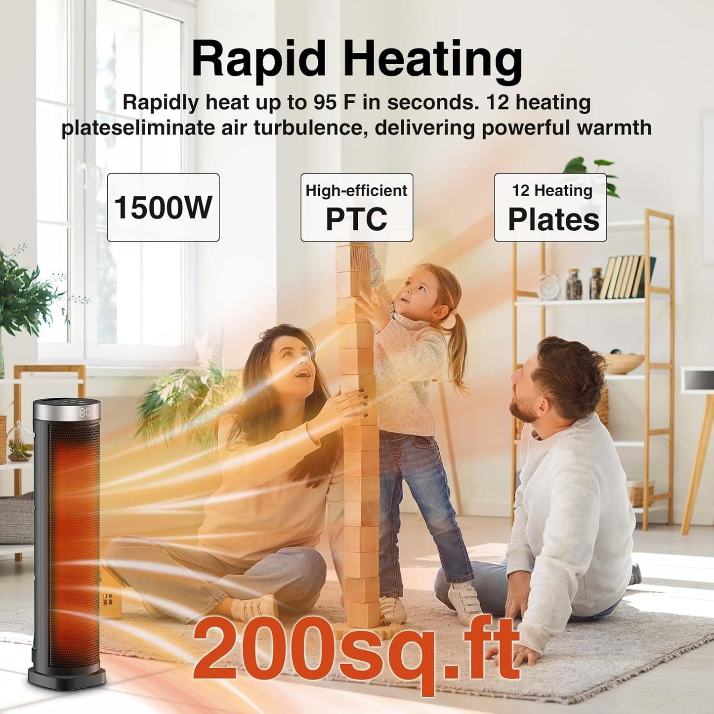 Wonderindoor Space Heater for Indoor Use with Remote - 70° Oscillating Tower Electric Heater, 24 Inchs, 12H Timer, 1500W Quiet PTC Ceramic Heating with Thermostat, Fast Safety Heat for Office, Home, Bedroom