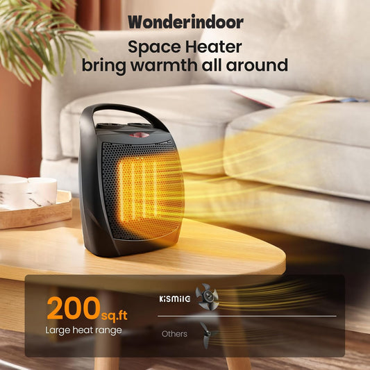 Wonderindoor Small Electric Space Heater Ceramic Space Heater,Portable Heater Fan for Office with Adjustable Thermostat and Overheat Protection ETL Listed for Kitchen, 750W/1500W(Black)