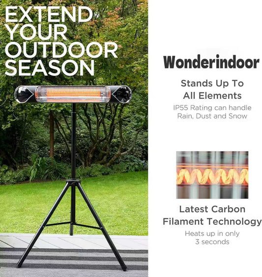 Wonderindoor Infrared Electric Patio Heater - Indoor/Outdoor Heater - Portable Wall/Garage Heater - 1500W - use with Stand - Mount to Ceiling/Wall)